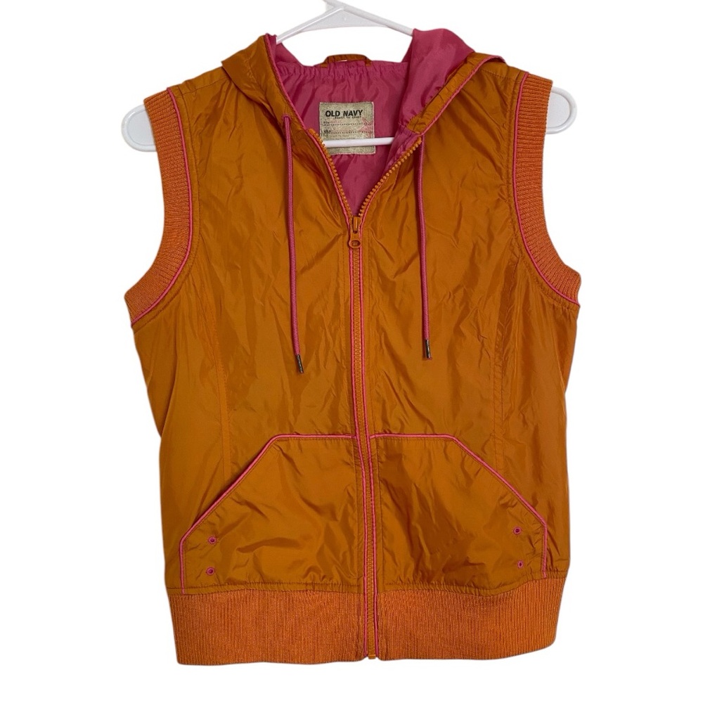 OLD NAVY Retro Y2K Hooded Puffer Vest Orange Pink Trim Zip Up Sleeveless S